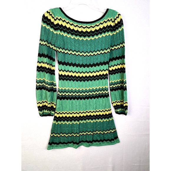 Bebe Dress Womens Small Green Black Silver Chevron Metallic Party Night Out - Picture 5 of 5